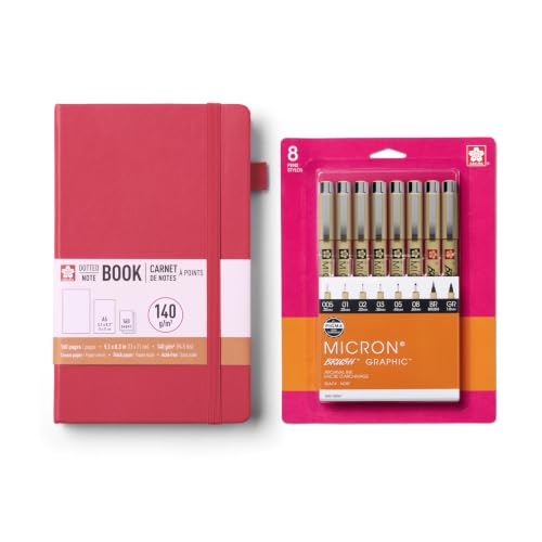 SAKURA Pigma Micron 8 Pack and Dotted A5 Notebook Red Plum Blossom Writing Set