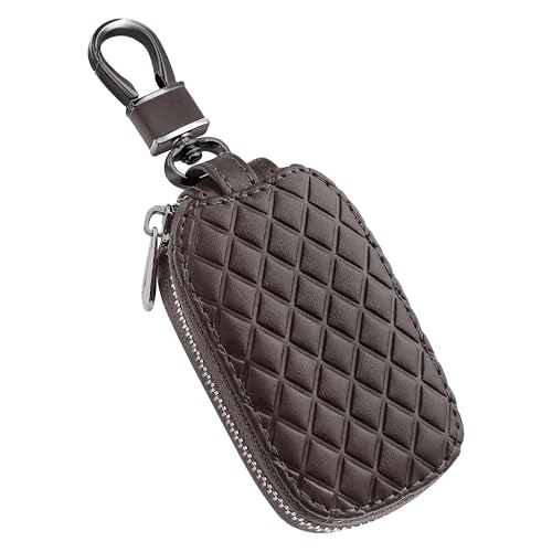 IHOTDER Stylish Car Key Case with Keychain and Zipper - Genuine Leather Car Key Case Holder for Remote Key Cover Replacement (Coffee) - color: Coffee