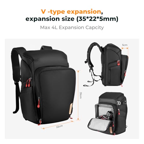 K&F CONCEPT Camera Backpack, 22L Expandable Camera Bag with Rain Cover - color: Black-red