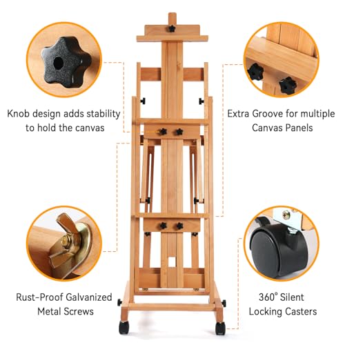 PHOENIX Versatile Studio H-Frame Easel Solid Beech Wood Artist Stand with Locking Caster Wheels- Adjustable Angle & Height – Heavy Duty Large Canvas Holder with Storage Tray for Professional Artists