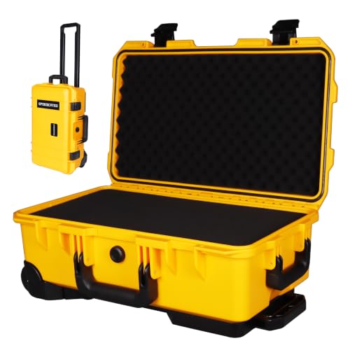 Large Rolling Camera Equipment Hard Case with Custom Foam,Waterproof and Shockproof for Drone,Telescopic Handle, Airplane Approved, 22.05x13.78x9.25in, Yellow - color: Yellow