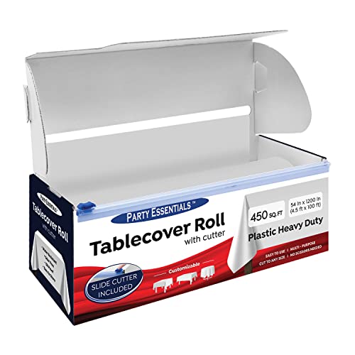 Party Essentials Heavy Duty Plastic Banquet Table Roll Available in 27 Colors, 54" x 100' with Slide Cutter, White, (100WH) - color: White, size: 1200" x 54" (Rectangular)