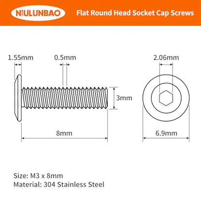 M3-0.5 x 8mm Flat Round Head Hex Socket Cap Screws Bolts, Furniture Screws, 304 Stainless Steel, Metric Allen Hex Drive, Bright Finish, Machine Fully Threaded, 100PCS - size: M3-0.5 x 8mm(100PCS)
