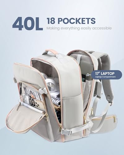 LOVEVOOK 40L Travel Backpack with Waist Strap,Flight Approved Carry on Backpack,Waterproof Personal Item Travel Bag,TSA Carry on Luggage Suitcase Travel Essentials,Gifts for Women & Men,fit 17" Laptop - color: A-light Gray-pink, size: Large-40L-4Pcs(Waist