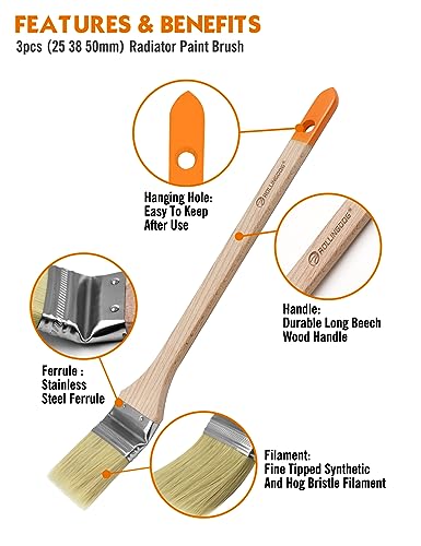 ROLLINGDOG 25mm, 38mm, 50mm Radiator Paint Brush Set - size: 25mm, 38mm, 50mm