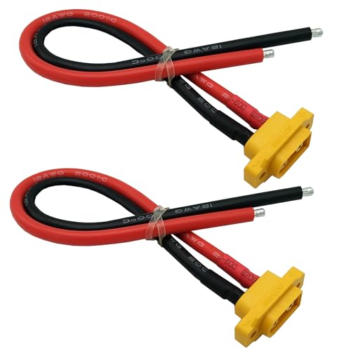 2pcs XT60E-M Plug Male Connector XT60 Mountable Pigtail Cable with 20CM 12AWG Cable for RC Lipo Battery FPV Racing Quadcopter Drone (XT60E-M Cable)