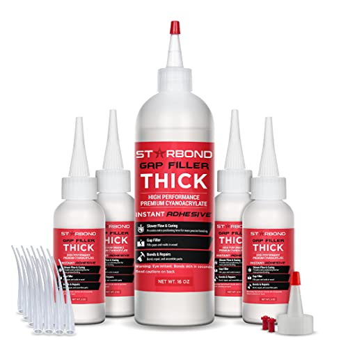 Starbond Thick CA Glue Complete Refill Kit (16 oz) – Gap Filler Cyanoacrylate Super Glue with Extra Bottles, Caps, Microtips & Yorker Spout for Woodworking, Carpentry, Hobby Models, Archery Fletching - size: 16 ounce