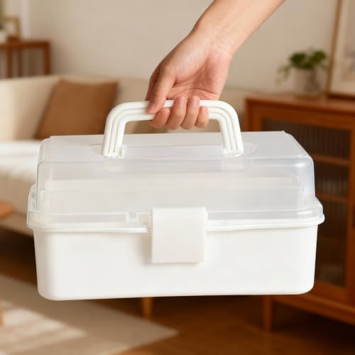 3 Layers Craft Organizers and Storage with Handle Portable, White - color: White