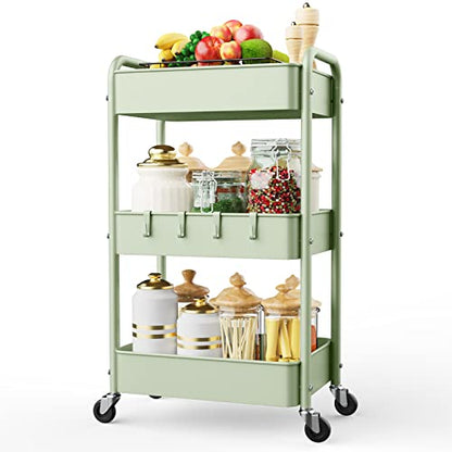 LEHOM 3 Tier Rolling Cart, Metal Rolling Utility Cart with Lockable Wheels - color: Green