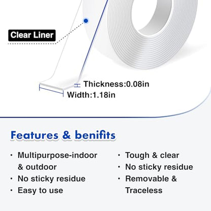 Double Sided Tape Heavy Duty, Nano Double Sided Adhesive Tape, Multipurpose Clear Mounting Tape for Walls, Office Decor, Picture Hanging, and Posters, Hanging Adhesive Strips (9.85FT)