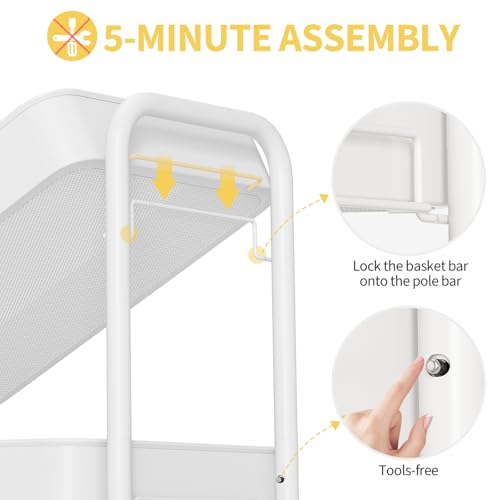TOOLF 3 Tier Rolling Cart, Metal Utility Storage Cart with Pegboard, White - color: White, size: 3-Tier