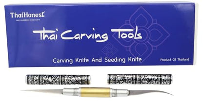 Thai Fruit Carving Knife –2 Inch Double-Sided Blade (Curved & Straight) with Decorative Black Thai Pattern Handle – Precision Tool for Vegetable and Fruit Art, Handcrafted for Culinary Detailing
