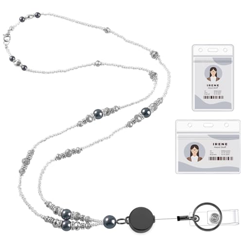 Beaded Teacher Lanyard with Retractable Badge Reel, Black - color: Black