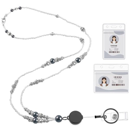 Beaded Teacher Lanyard with Retractable Badge Reel, Black - color: Black