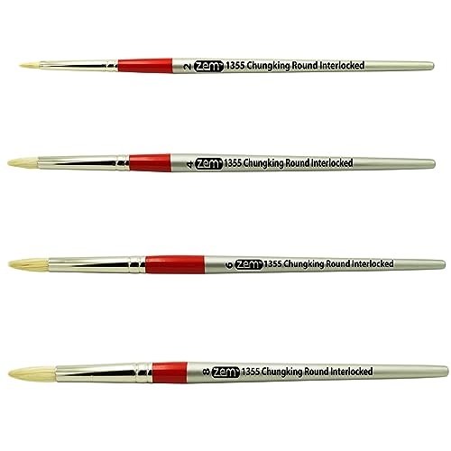 ZEM Brush Chungking Deluxe White Hog Bristle Interlocked Round Artist Brush Set Sizes 2,4,6,8