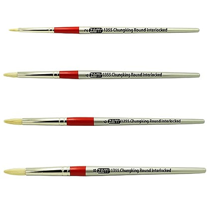 ZEM Brush Chungking Deluxe White Hog Bristle Interlocked Round Artist Brush Set Sizes 2,4,6,8