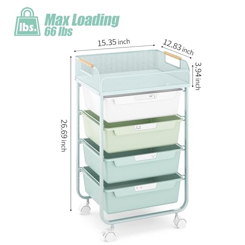 SYKIARIOL 4-Drawer Rolling Storage Cart with Mesh Top,Green - color: Gradient Green