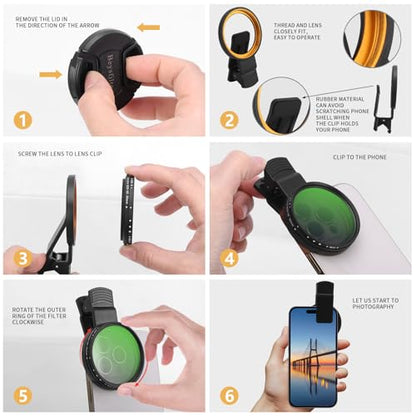 52MM Variable ND2-32 Filter for Phone, Multi-Coating Clip-On Variable Neutral Density Lens Kit, Compatible with iPhone 16/15/14/13 Pro Max, Samsung Galaxy, Google Pixel and Other Smartphone