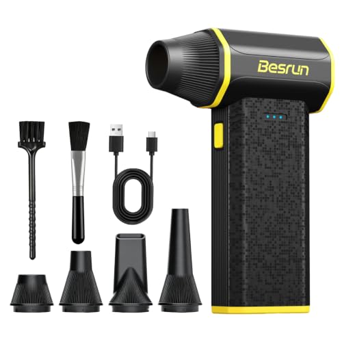 Compressed Air Duster, 110,000 RPM Brushless Motor Electric Air Duster, 3-Speed Rechargeable Cordless Air Blower for Computer, Keyboard, Car, Home Cleaning, 0.45 lb, 4 Nozzles & Brush - color: Yellow-trimmed Graphite Gray