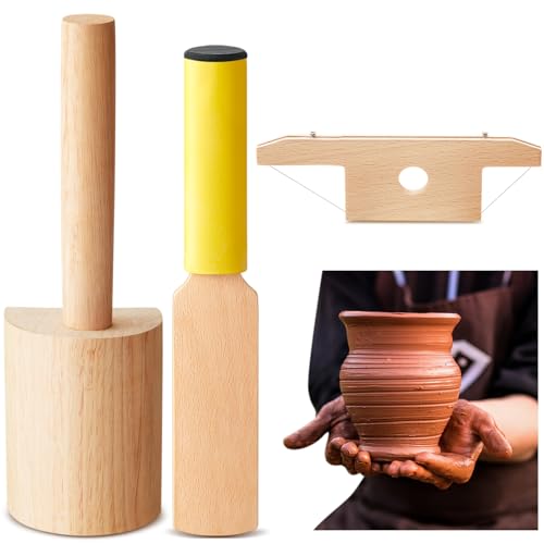 Amylove 3 Pcs Wooden Pottery Clay Tools Set, Paddles Pad Bevel Cutter