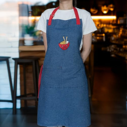 100% Cotton Printed Kitchen Apron with 2 Pockets for Men and Women – Adjustable Chef Apron - Machine Washable - color: Denim Blue
