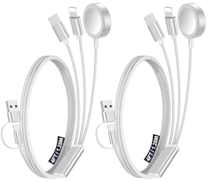 2Pack Travel Essentials for Apple Watch Charger,3-in-2 Multi Charging Cable - color: White, size: 2Pack-4FT