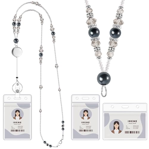 Beaded Teacher Lanyard with Retractable Badge Reel, Black - color: Black