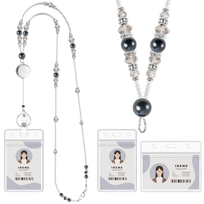 Beaded Teacher Lanyard with Retractable Badge Reel, Black - color: Black