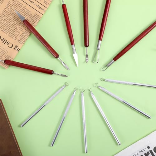 12 PCS Clay Carving Tools, Double-Sided Clay Sculpting Tools Wooden Handle Clays Wire Loop Sculpture Set Clays Pottery Sculpting Tool Set for Ceramic, Carving Modeling - color: Silver + Red