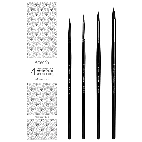 ARTEGRIA Watercolor Brush Set, 4 Pointed Round Brushes, Sizes 2, 4, 6, 8