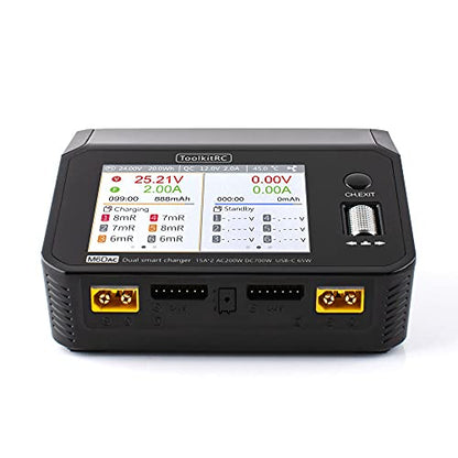 ToolkitRC M6DAC AC 200W DC 700W 15A*2 USB-C 65W QC3.0 Dual Channel Smart Lipo Battery Charger Discharger for 1-6S Lipo LiHV Lipo Battery