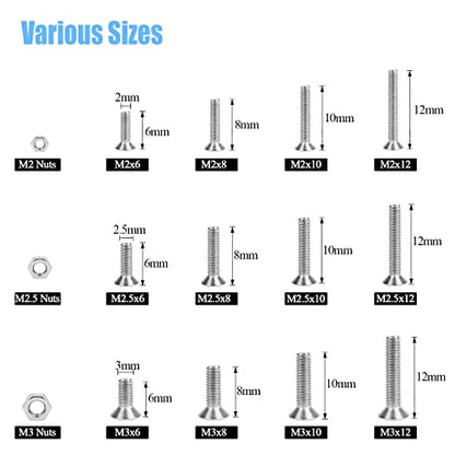 DYWISHKEY 600 PCS Metric M2 M2.5 M3, 304 Stainless Steel Flat Head Countersunk Socket Cap Bolts Screws Nuts Assortment Kit with Hex Wrenches - size: M2 M2.5 M3