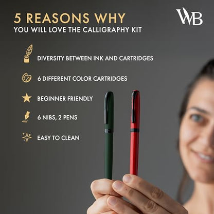 Wordsworth & Black Calligraphy Kit for Beginners, 2 Ink Pens, 5 Nibs, Green - color: Red and Green