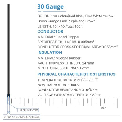BNTECHGO 30 AWG Silicone Wire Kit 10 Color Each 10ft Stranded Tinned Copper - size: 10 colors each 10ft, style: 30 silicone wire