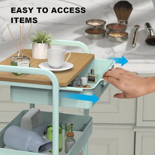 3 Tier Rolling Cart, Utility Cart with Drawer& Table Top, Mint Green - color: Mint Green