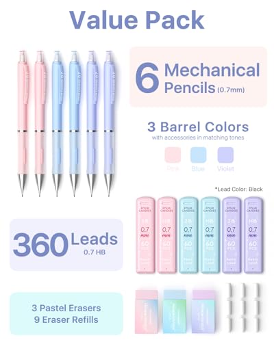 Four Candies Pastel Mechanical Pencil Set, 0.7mm Medium Point, Pack of 6 - style: 0.7 mm