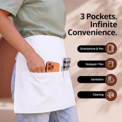 Utopia Wear Server Waist Aprons 12 Pack with 3 Pockets for Men and Women - color: White