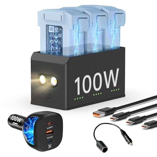 LKTOP 100W Mini 5/4/3 Series Battery Charging Hub with 130W Car Charger USB-C Super Fast Charger for DJI Mini 5 Pro/4 Pro/3 Pro/3, SKYROVER X1 Drone Accessories (Parallel Charge 3 Batteries: 47/90min)