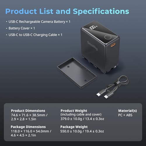 SMALLRIG NP-F970 USB-C Battery, 10500mAh 3.5H Fast Charged NPF Battery - color: Black