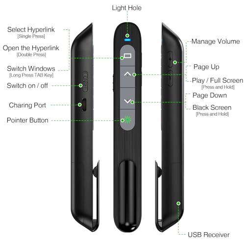 USB C Rechargeable Presentation Clicker with Green Light, Remote Clicker for Presentations Wireless Presenter Slide Changer PPT Advancer with Volume Control for Laptop Computer - color: Green L+Rechargeable