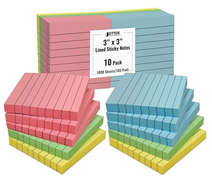 Lined Sticky Notes 3 x 3, 10 Pack, 1,000 Sheets (100/Pad), Self Stick Notes with Lines, Assorted Pastel Colors, by Better Office Products, Post Memos, Strong Adhesive, 10 Pads