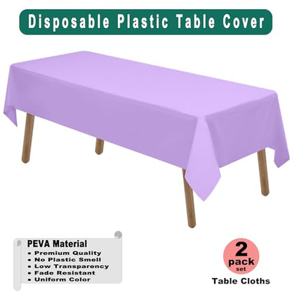 Lavender Plastic Tablecloths 2 Pack Lilac Disposable Table Covers 54 x 108 Inch. Bridal Shower Party Tablecovers PEVA Mauve Table Cloths for BBQ Birthday Wedding Parties 8 ft Rectangle Table Use - color: C01 Lavender