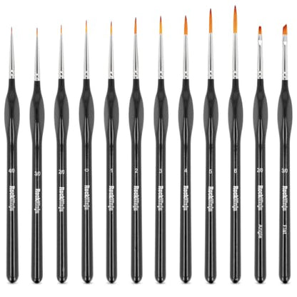 Detail Paint Brush Set, Rock Ninja 12pcs Thin Brushes for Fine Detailing & Art Painting - Acrylic,Watercolor, Oil Miniatures, Scale Models, Airplane Kits, Nail, Line Drawing - color: Black