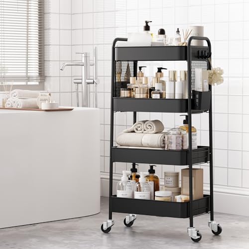 TOOLF 4 Tier Rolling Cart, Metal Utility Storage Cart with Pegboard, Black - color: Black, size: 4-Tier