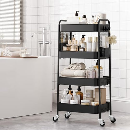 TOOLF 4 Tier Rolling Cart, Metal Utility Storage Cart with Pegboard, Black - color: Black, size: 4-Tier