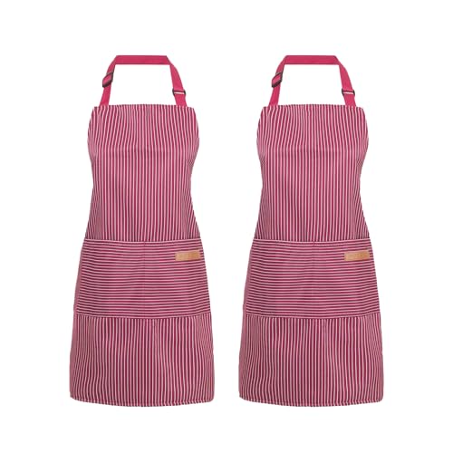 2 Pack Cooking Aprons Adjustable Bib Apron for Women with 2 Pockets, Kitchen Restaurant Men Chefs Aprons - color: Wine Pinstripes