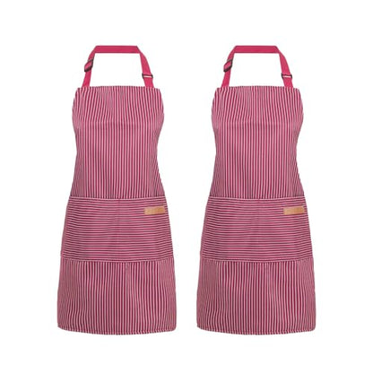 2 Pack Cooking Aprons Adjustable Bib Apron for Women with 2 Pockets, Kitchen Restaurant Men Chefs Aprons - color: Wine Pinstripes