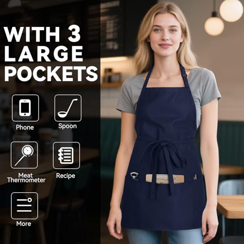 NLUS Kitchen Cooking Apron with 3 Pockets, Adjustable Bib Apron Chef Aprons for Women Men - color: Navy Blue