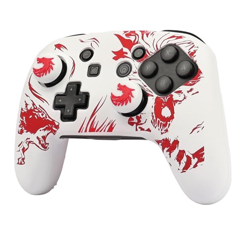 Wolf Controller Skin Cover for NS Switch Pro Controller, RALAN 1 Controller Skin+4 Customised Thumb Grips Caps Accessories - color: Wolf White Red