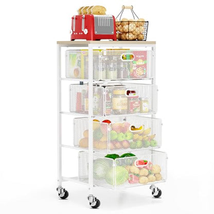 Goovilla Kitchen Cart with Drawers, Lockable Wheels with Wooden Top, White - size: White